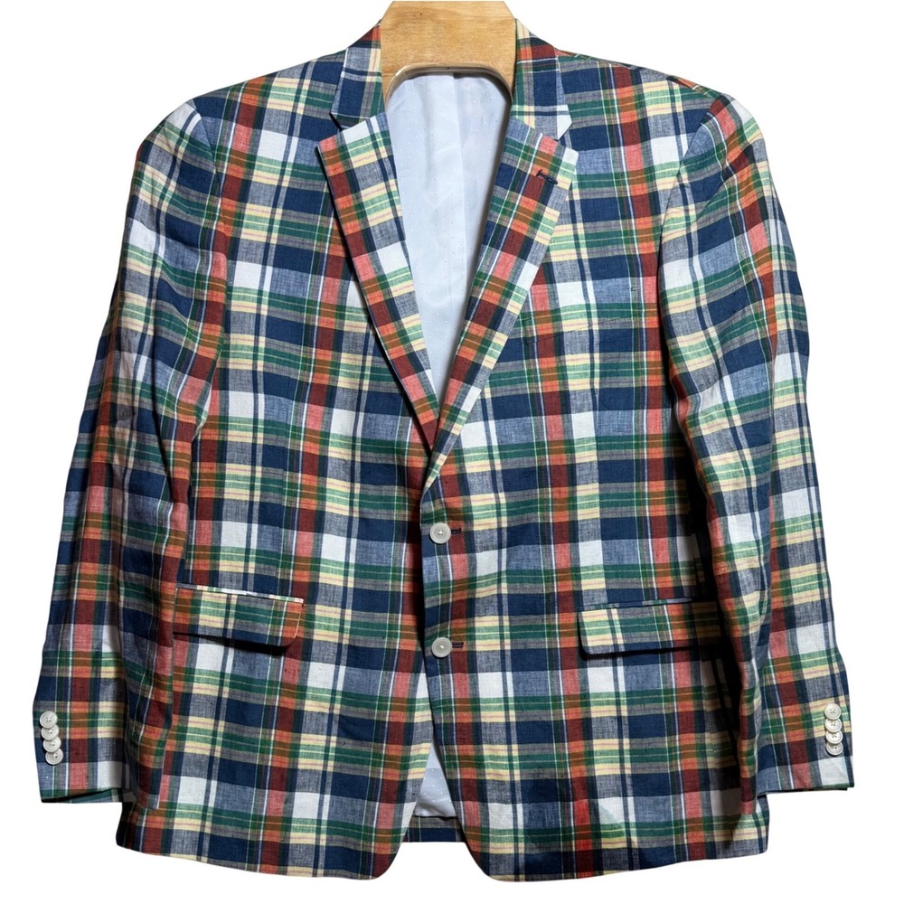Tommy Hilfiger Mens 46R Linen Blazer Plaid Multi Color Sport Coat 2 Button
